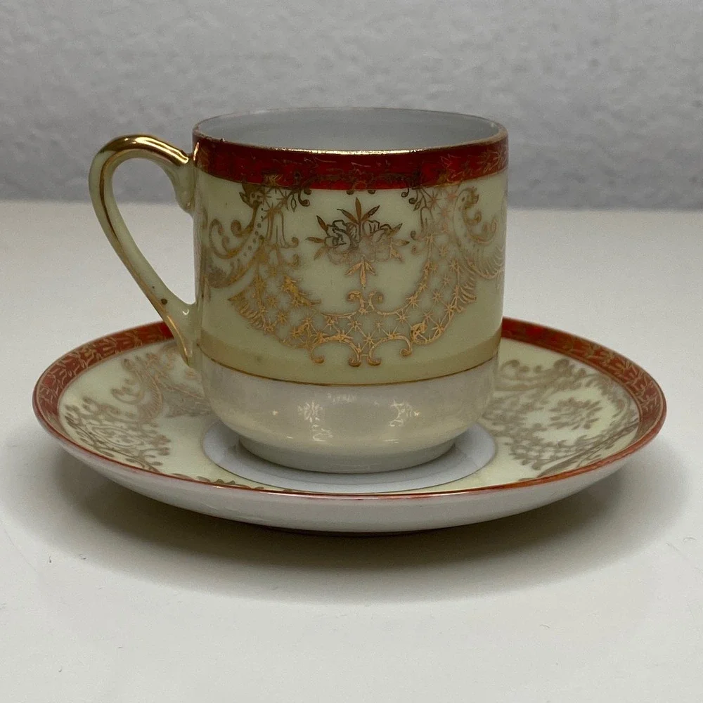 Ishihara China Cup and Saucer Set Cream Gold Red Floral Made‎ in Occupied Japan